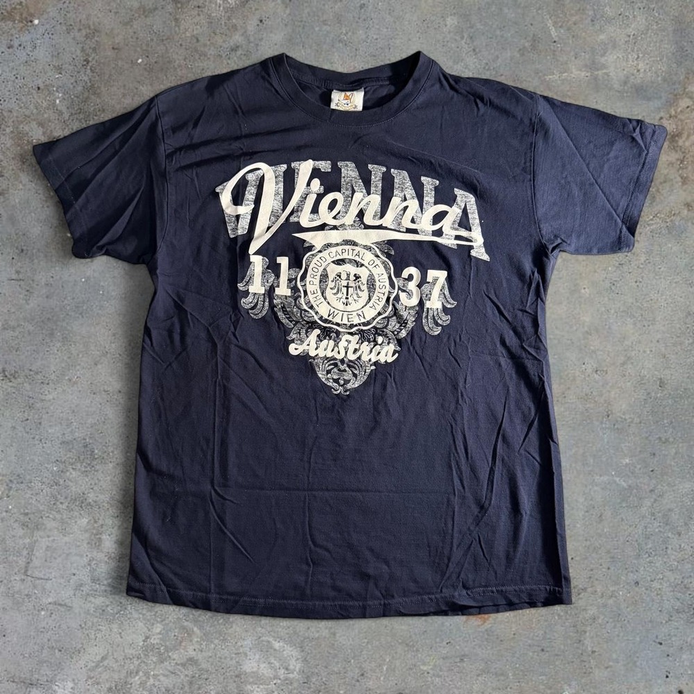 Fox Originals Mens Navy Vienna Austria Graphic T Shirt L Y2K Tourist Tee